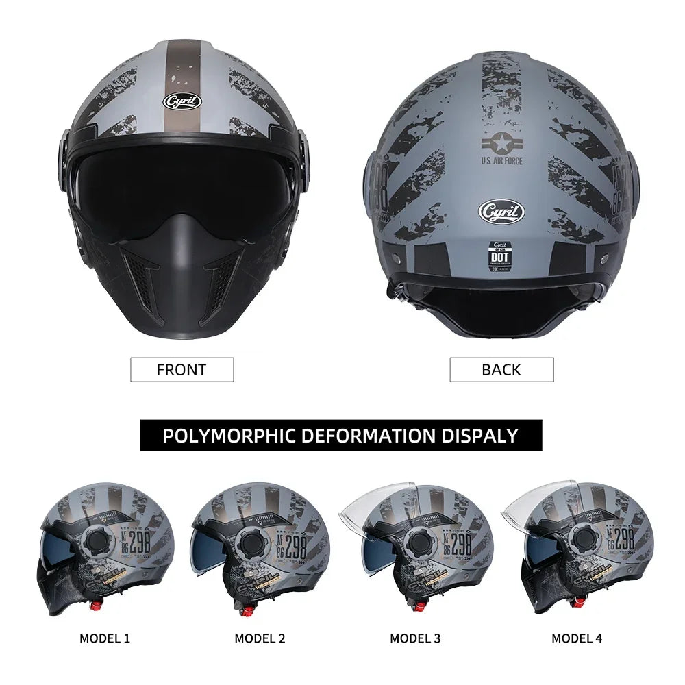 CYRIL OP12A Open-Face Motorcycle Helmet - Double-Lens Modular Retro Helmet for Men and Women, DOT and ECE Certified