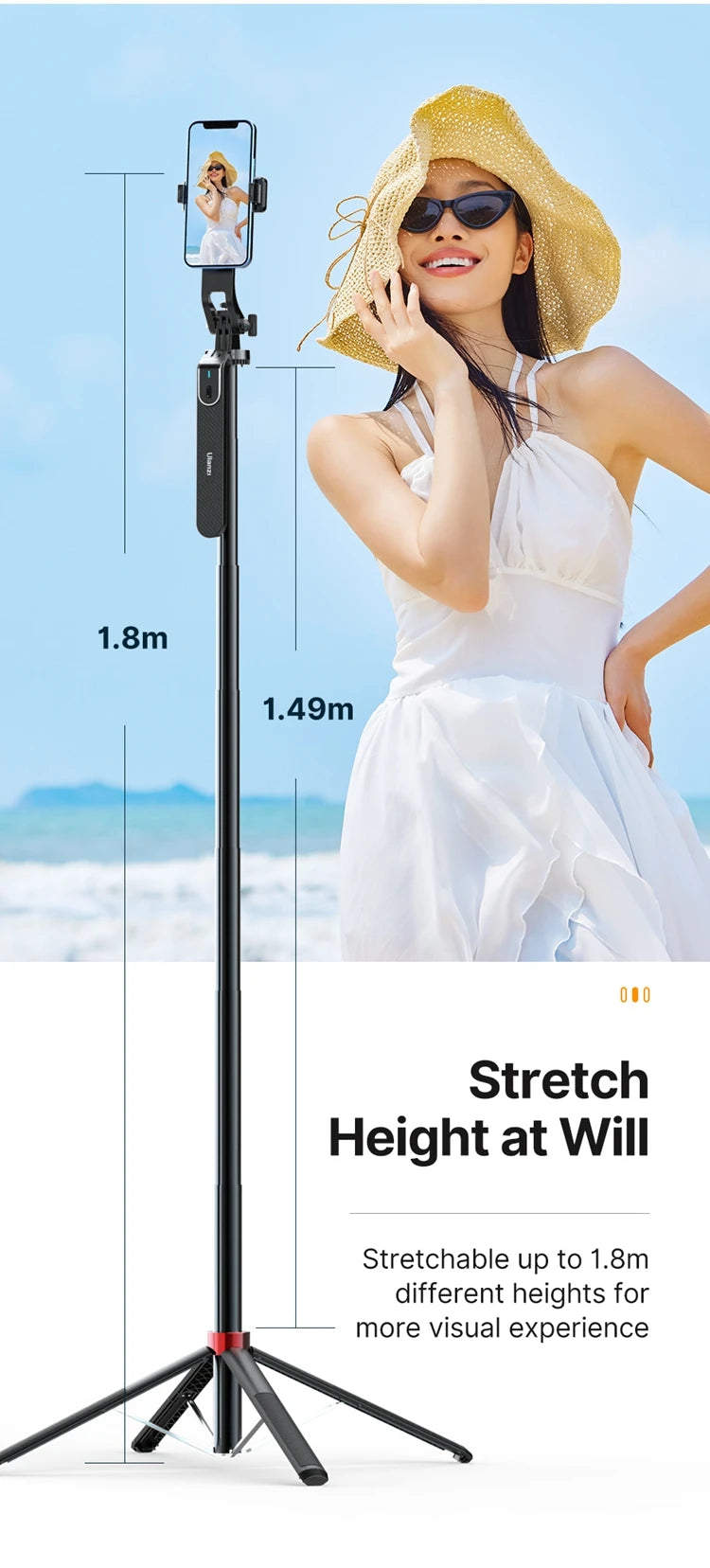 Ulanzi MA09 1.8m Selfie Stick Tripod – Remote Control Tripod for iPhone 16-13 Pro Max & Android with Panoramic Ball Head Holder