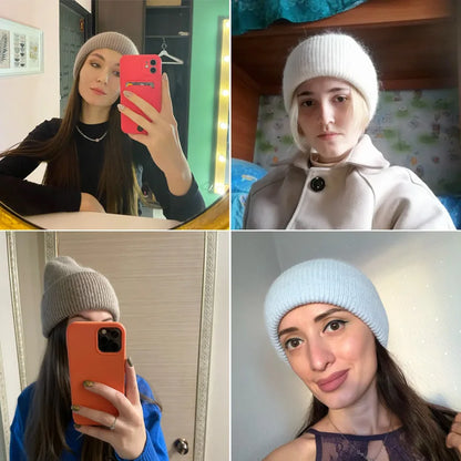 Women's Real Rabbit Fur Winter Hat - Fashionable Warm Beanie, Solid Color Adult Head Cover Cap