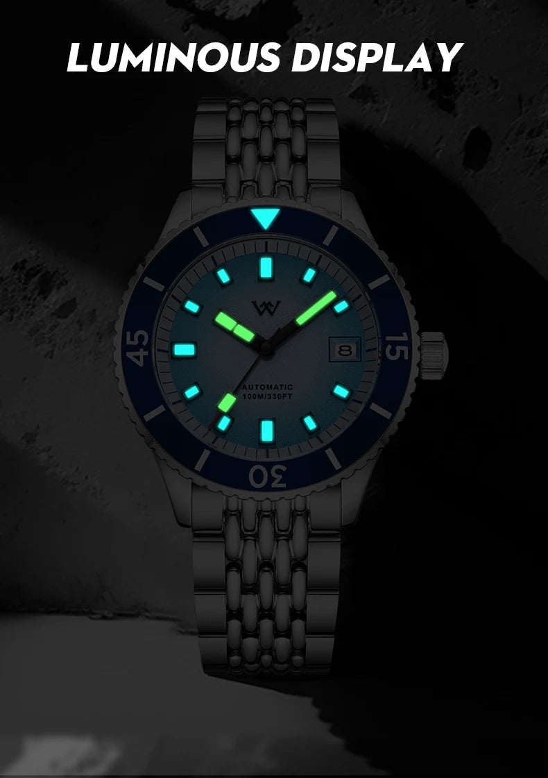 WM Welly Merck Automatic Mechanical Watch for Men — Sparkle Grain Gradient Dial, Ceramic Bezel, NH35, AR Coating, 100M WM212