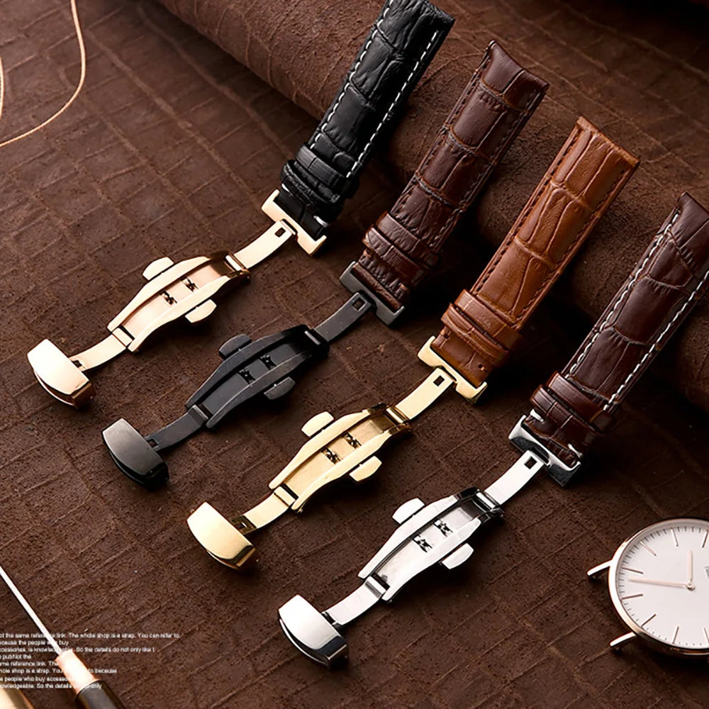 Genuine Leather Watch Strap with Wooden Box – Butterfly Clasp Bracelet 18-24mm Wristband
