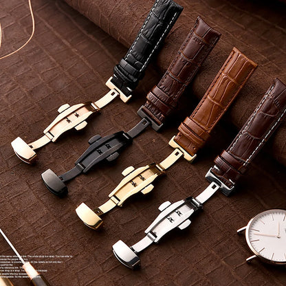 Genuine Leather Watch Strap with Wooden Box – Butterfly Clasp Bracelet 18-24mm Wristband