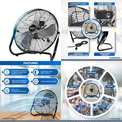 18-Inch Industrial High-Velocity Floor Fan – 3-Speed Adjustable Tilt with Carry Handle for Workshop & Home Use