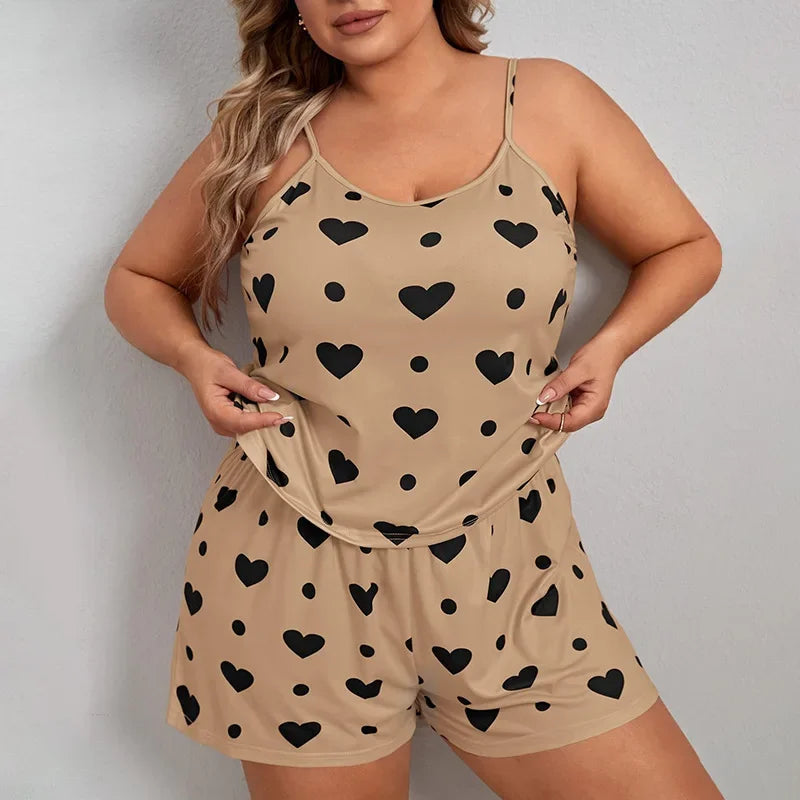 Plus Size Heart Print Pajama Set – Women’s Sleeveless Crop Top & Elastic Waist Shorts Nightwear