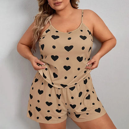 Plus Size Heart Print Pajama Set – Women’s Sleeveless Crop Top & Elastic Waist Shorts Nightwear