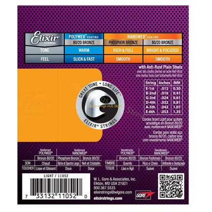 Elixir Acoustic Guitar Strings - 80/20 Bronze Nickel for Electric Play, Ideal for Popular Music and Rock (11002, 16052, 16027, 11-52)