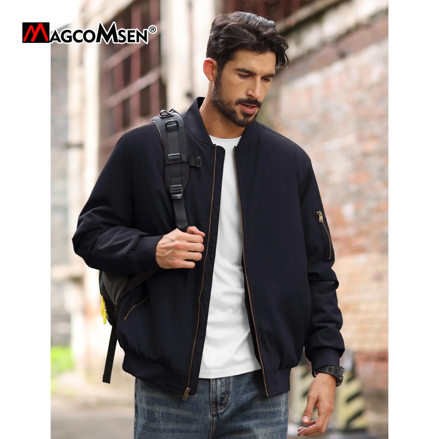 MAGCOMSEN Men’s Aviator Bomber Jacket - Warm Windproof Fall & Winter Casual Coat with Orange Lining