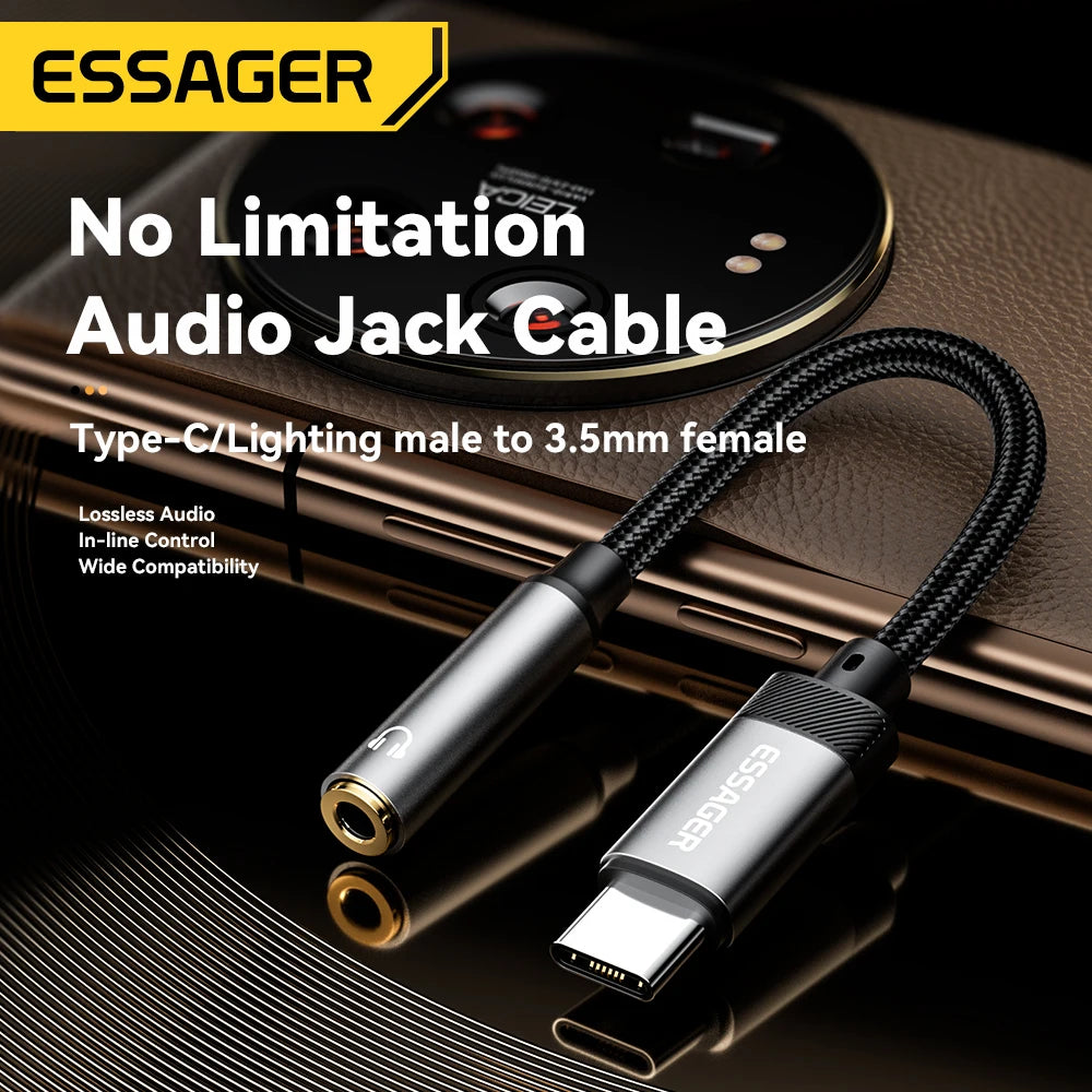 Essager 2-in-1 Audio Adapter – Lightning & USB-C to 3.5mm Jack for iPhone, Xiaomi, OnePlus, OTG Aux Cable
