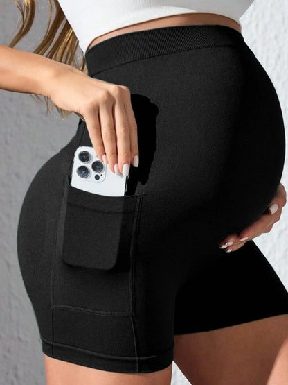 Women’s Maternity Yoga Shorts - Over-Belly Pregnancy Workout Biker Shorts with Pockets