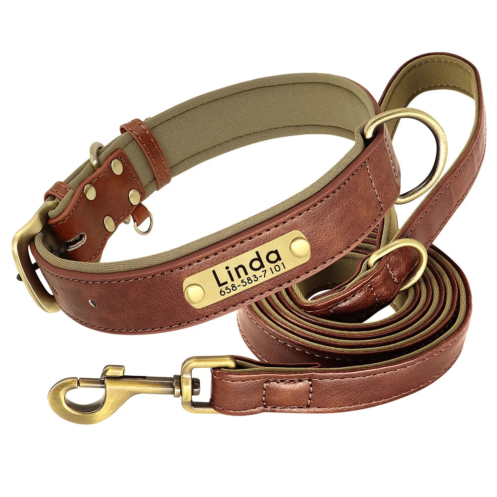 Customized Leather Dog Collar & Leash Set – Soft Padded Adjustable Collar for Small, Medium & Large Dogs with Engraved Nameplate