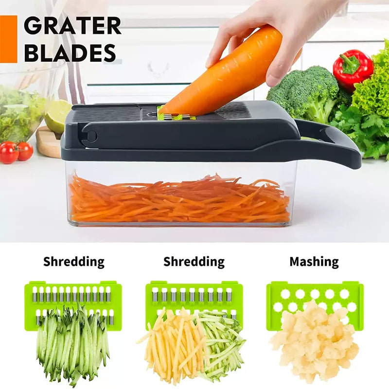 Multifunctional 14/16-in-1 Vegetable Chopper – Kitchen Food Grater, Slicer & Dicer with Handle