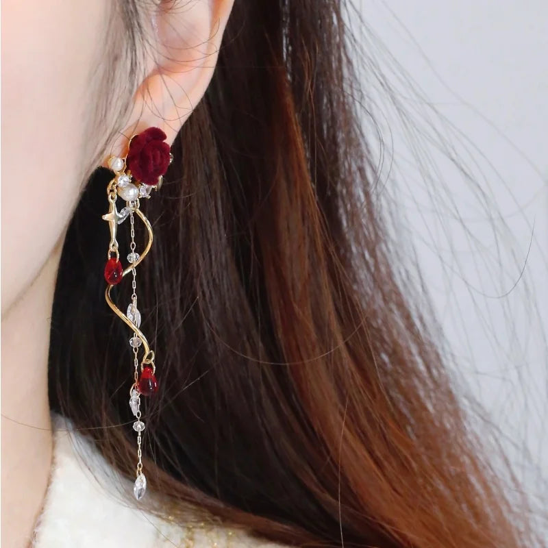 French Red Rose Tassel Earrings - Elegant Flower Zircon Dangle Jewelry for Bridal Weddings & Parties