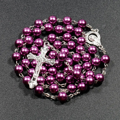 Faux Pearl Rosary Necklace – Virgin Mary & Jesus Cross Pendant Long Bead Chain Religious Fashion Jewelry for Women