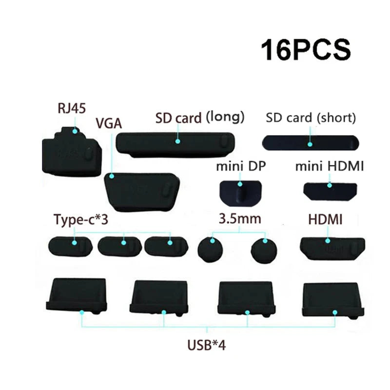 16-Piece Universal Silicone Port Plugs - Anti-Dust USB & Laptop Computer Port Protectors
