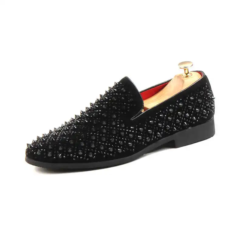 Men’s Luxury Rhinestone Loafers - Rivet Patchwork Casual Wedding, Prom and Formal Dress Shoes