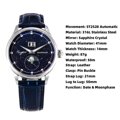 Sugess Moonphase Men’s Automatic Mechanical Watch — 40MM Stainless Steel with Seagull ST2528 Movement and Blue Sandstone Dial