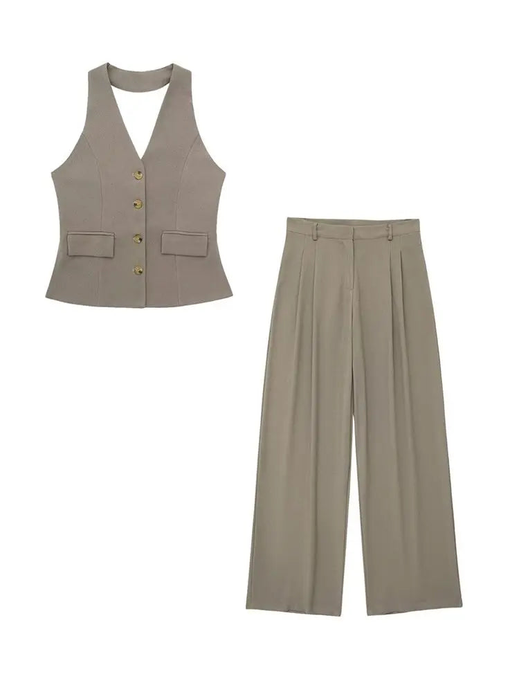 TRAFZA Women’s 2-Piece Set — Sleeveless Halter Vest Top with High-Waist Wide Leg Pants & Zipper Pockets