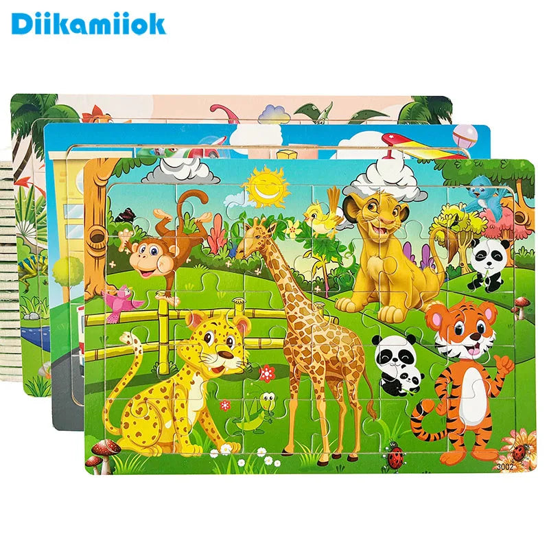 30PCS Wooden Jigsaw Puzzle – Cartoon Animal & Vehicle Educational Toys for Kids