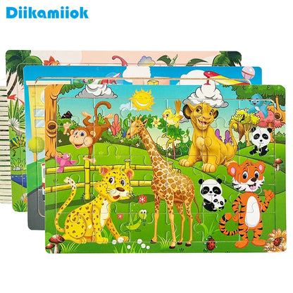 30PCS Wooden Jigsaw Puzzle – Cartoon Animal & Vehicle Educational Toys for Kids