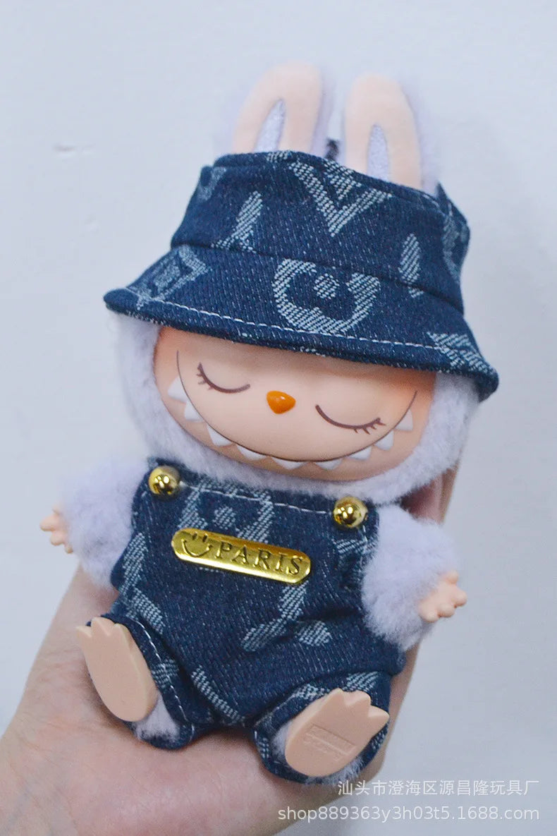 17cm Labubu Doll Clothes – Cowboy Party Outfit with Strap Pants & Fisherman Hat – Only Clothes, Hot Sale