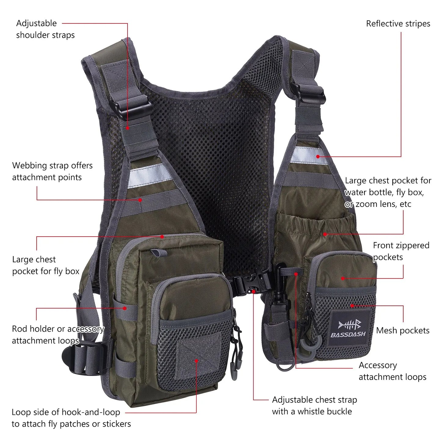 Bassdash FV08 Ultra Lightweight Fly Fishing Vest – Portable Chest Pack for Men and Women, One Size Fits Most