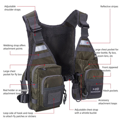 Bassdash FV08 Ultra Lightweight Fly Fishing Vest – Portable Chest Pack for Men and Women, One Size Fits Most