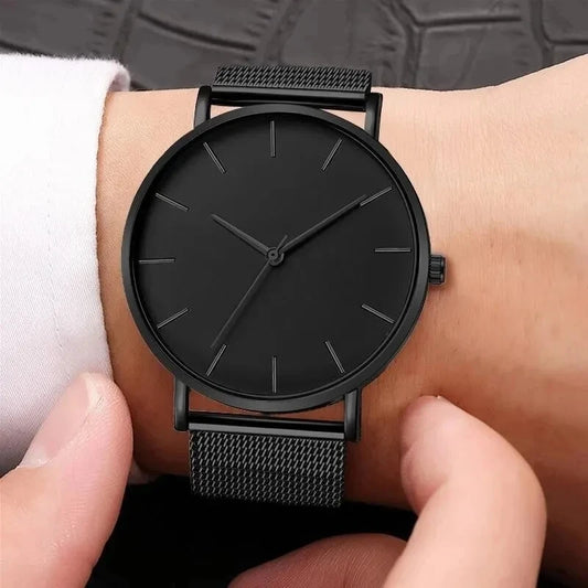 Men’s Ultra-Thin Black Stainless Steel Quartz Watch – Minimalist Business Fashion Wristwatch