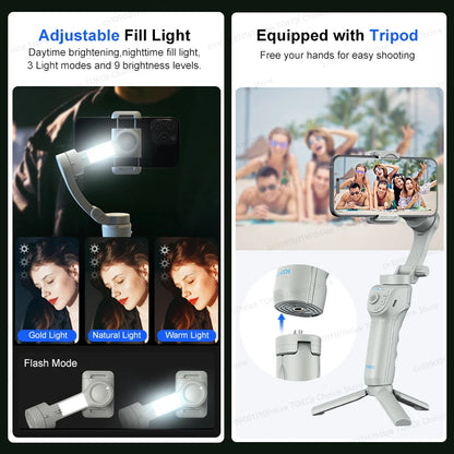 TOKQI M01 3-Axis Handheld Gimbal Stabilizer – Anti-Shake Foldable Holder, Selfie Tripod with Fill Light for iPhone & Smartphones