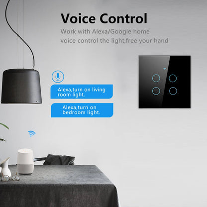 Tuya WiFi Smart Touch Light Switch - Wireless LED Control, No Neutral Wire Required, 1-4 Gang, Compatible with Alexa and Google Home