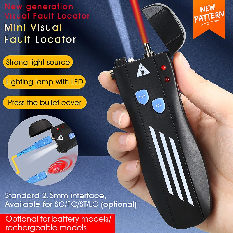 Rechargeable VFL Fiber Optic Cable Tester | Visual Fault Locator | Optional Power Levels (1/15/30/50mW) | Compatible with SC/FC/ST Connectors