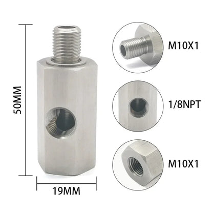 Oil Pressure Sensor Tee Adapter — M10x1.0 to M10x1.0 with 1/8NPT Female Side Holes for Turbo Supply Feed Line Gauge