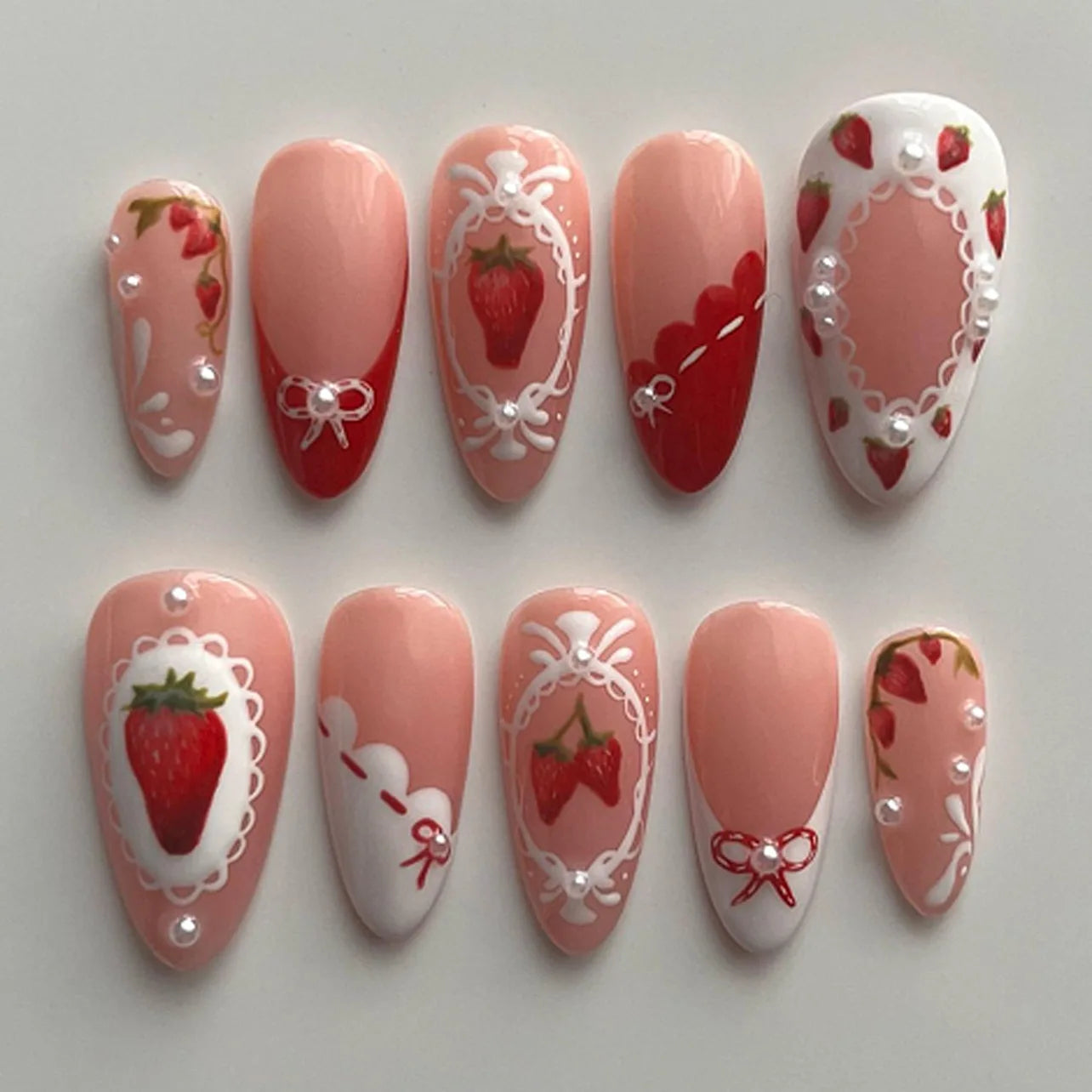 24PCS Strawberry Bow Press On Nails - Red Short Almond Pearl Starlight Floral False Nail Art Tips
