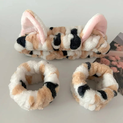 Cute Cat Ear Leopard Plush Headband Set - 3PCS Spa, Face Washing and Makeup Hair Accessories