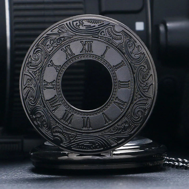 Vintage Black Roman Numeral Pocket Watch - Unisex Steampunk Quartz Necklace Pendant with Chain, Gift Style P427