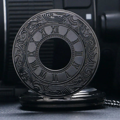 Vintage Black Roman Numeral Pocket Watch - Unisex Steampunk Quartz Necklace Pendant with Chain, Gift Style P427