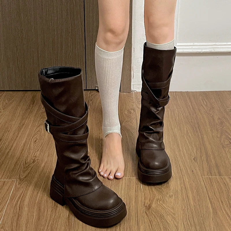 Vintage Thick Heel Women’s Knee-High Boots – Slip-On Fashion Booties for Autumn & Winter