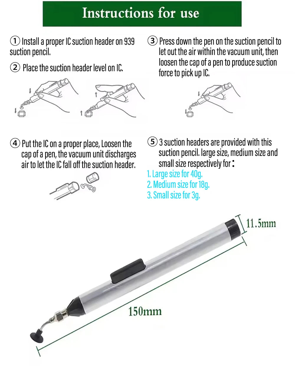 Vacuum Suction Pen Kit - IC SMD Pickup Tool with 3 Suction Cups for Electronics Repair and Desoldering