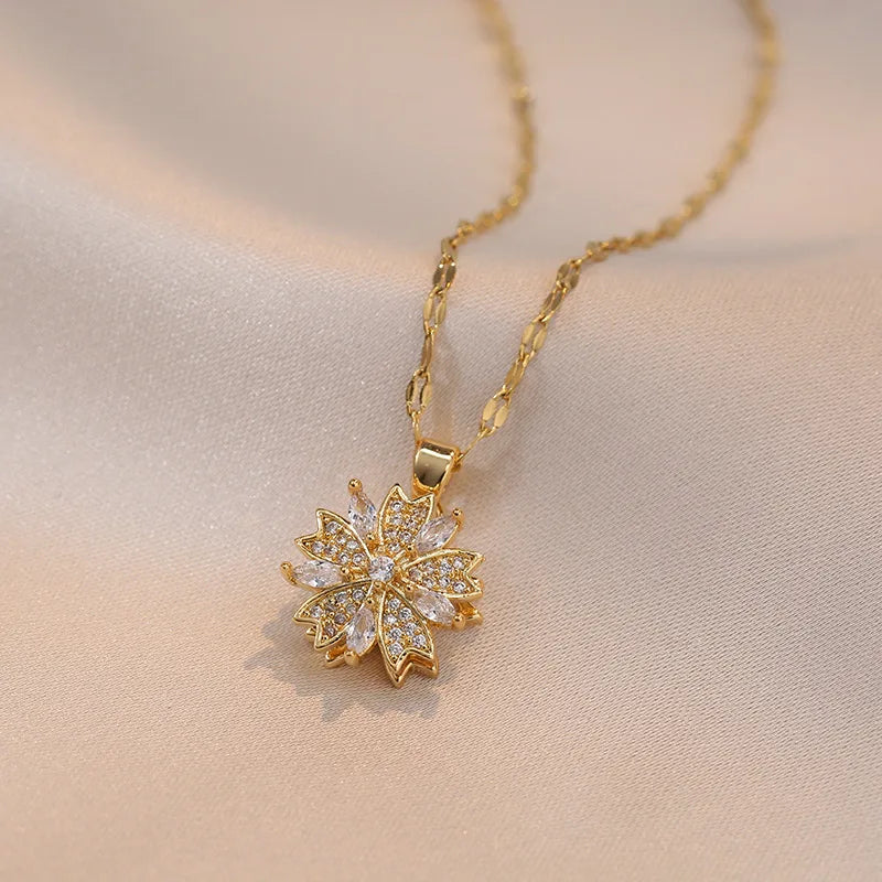 Light Luxury Gold Zircon Flower Pendant Necklace for Women - Elegant Party Jewelry Gift