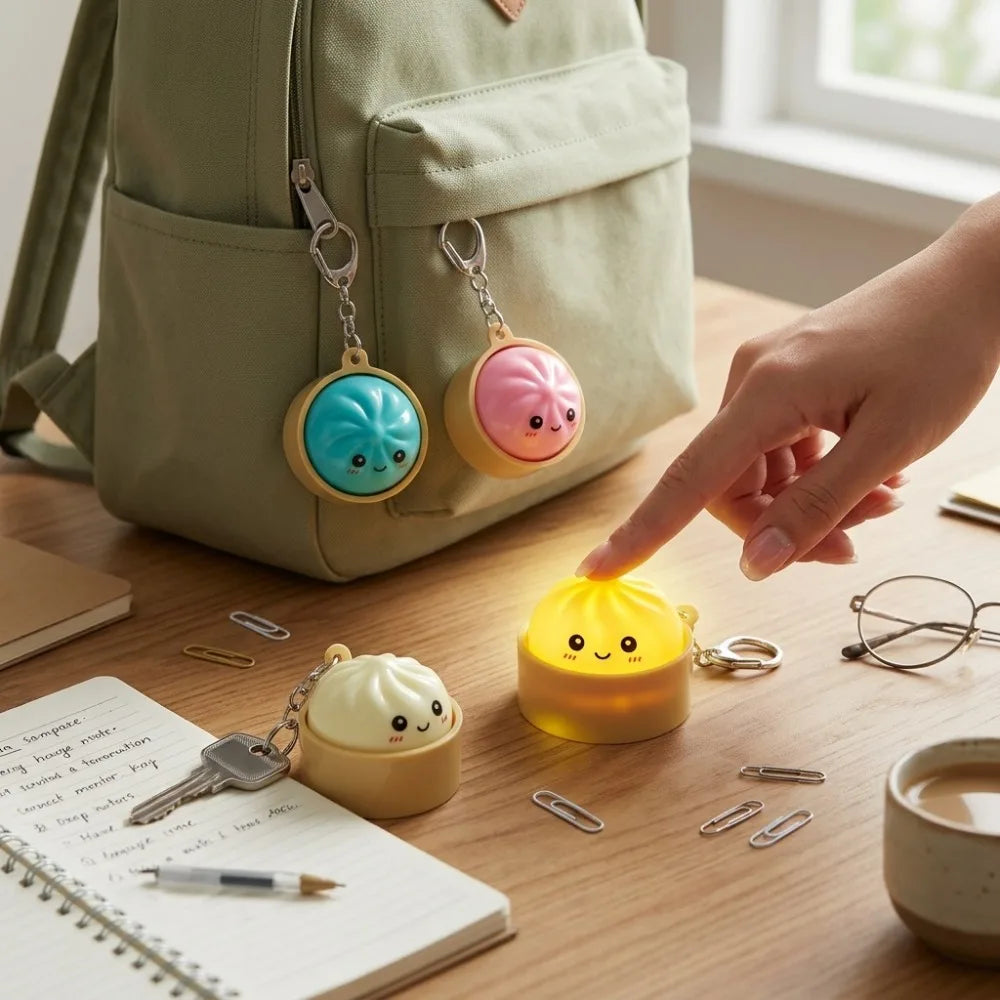 Cute Dumpling LED Keychain – Kawaii Squishy Bao Night Light and Soft Silicone Stress Relief Backpack Charm