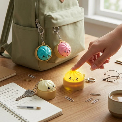 Cute Dumpling LED Keychain – Kawaii Squishy Bao Night Light and Soft Silicone Stress Relief Backpack Charm