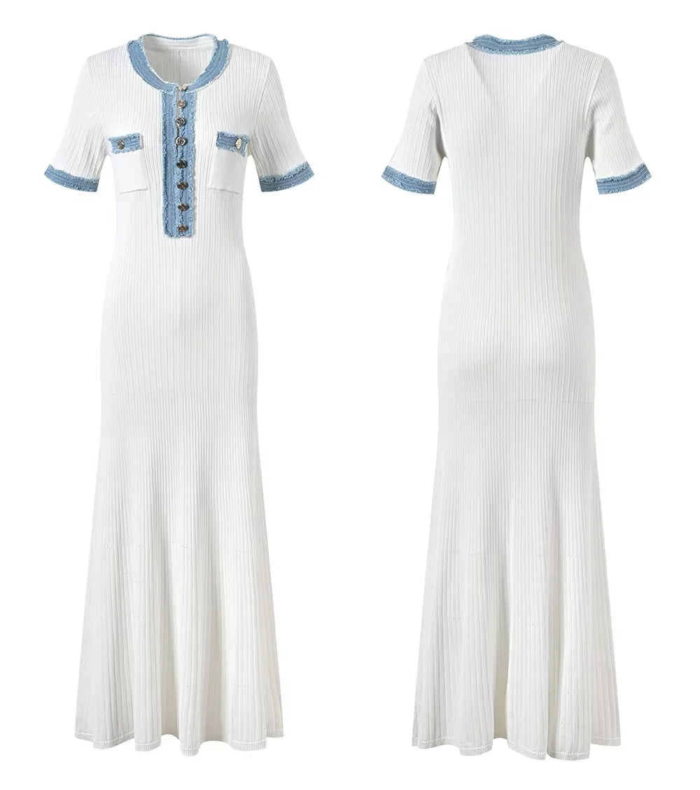 Elegant Denim Patchwork Knitted Long Dress – Women’s V-Neck Short Sleeve Bodycon with Buttons & Pockets