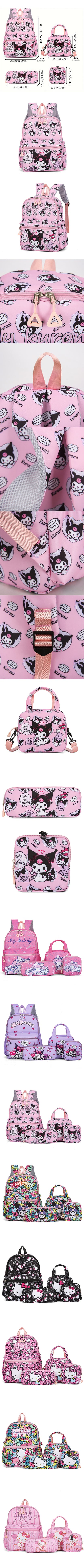 Hello Kitty Sanrio 4-Piece Backpack Set – Includes Pencil Case, Shoulder Bag, Wallet, Kuromi & Melody School Bags
