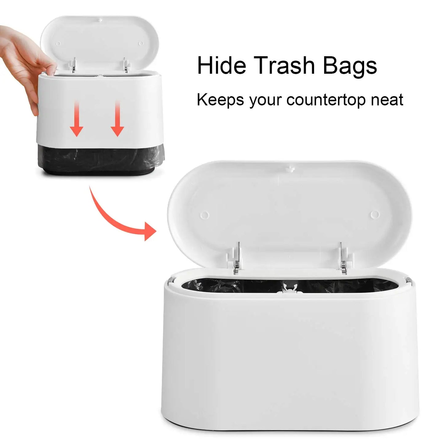 Mini Trash Can with Lid - Small Desk Trash Can, Countertop Garbage Can with 3 Free Roll Bags - Compact and Convenient Waste Basket in White