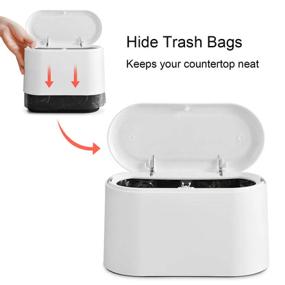 Mini Trash Can with Lid - Small Desk Trash Can, Countertop Garbage Can with 3 Free Roll Bags - Compact and Convenient Waste Basket in White