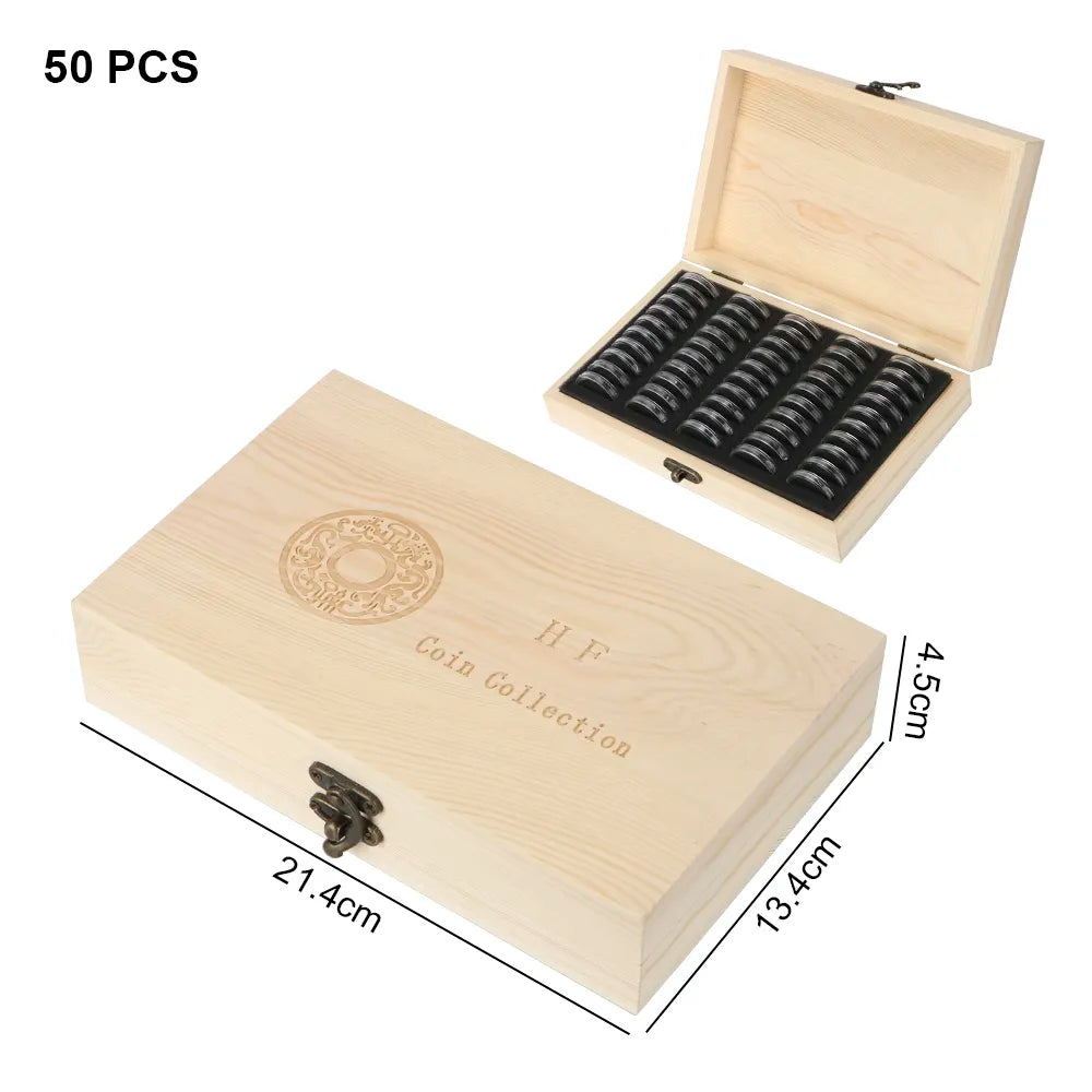 Adjustable Wooden Coin Storage Box with Pads - Commemorative Coin Collection Case for 20/30/50/100 PCS with Holder Capsules