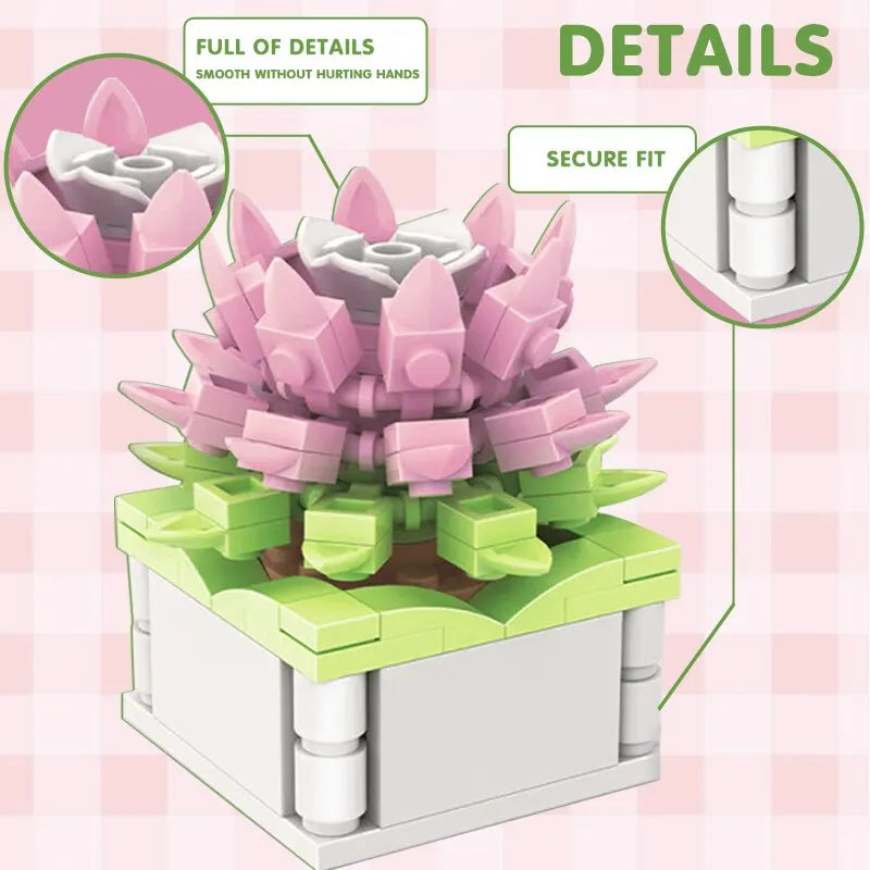 Bouquet Moc Block Flower Succulents Bonsai Potted Building Blocks - Romantic Assembly Kit Bricks Toys for Kids - Christmas Gift for Girls