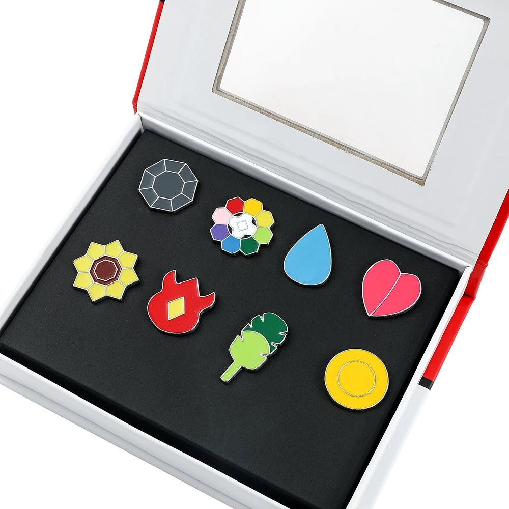 Pokemon Gym Badge Pin Set - Kanto to Kalos League Region Collectible Brooch Box