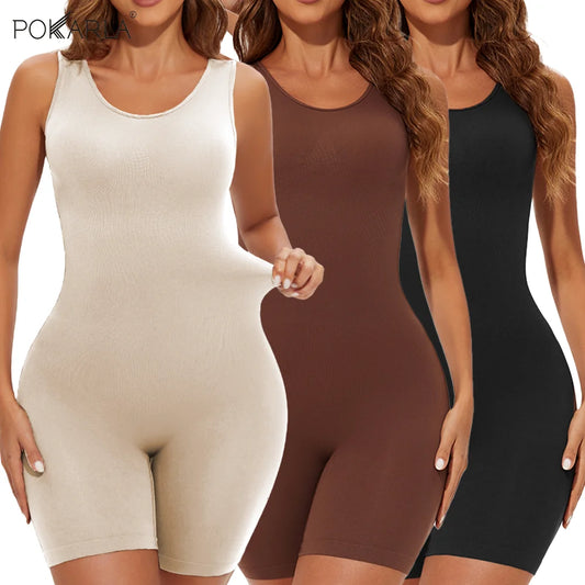 POKARLA Sexy Full Coverage Bodysuit – Seamless Thigh Slimming Wide Shoulder Shapewear Jumpsuit