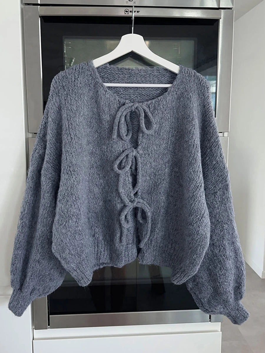 Fashion Knitted Bow Lace-Up Cardigan for Women – Y2K Open Front Sweater, Sweet Lantern Sleeve Oversized Knit Cardigan