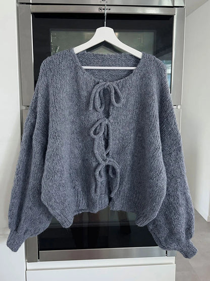 Fashion Knitted Bow Lace-Up Cardigan for Women – Y2K Open Front Sweater, Sweet Lantern Sleeve Oversized Knit Cardigan